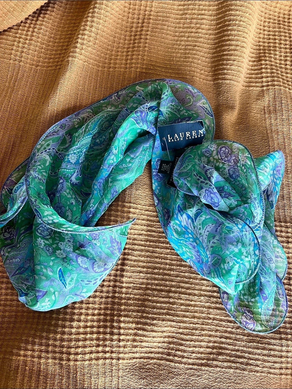 NWT Lauren Ralph Lauren 100%silk Floral Scarf in Green & Blue